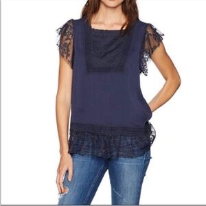 Blue Square Neck Ruffled Shoulder Lace Blouse, Size Large